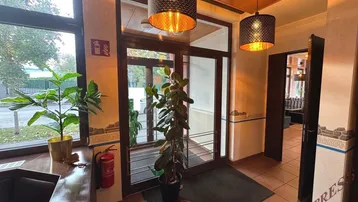 Einladender Eingangsbereich eines Restaurants mit großen Glasfenstern, Pflanzen und dekorativen Hängelampen, die eine warme Atmosphäre schaffen.