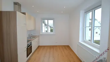 Helle, moderne Küche mit Einbaugeräten, Holzoptik-Boden und Blick ins Grüne.