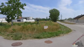 Unbebautes Grundstück mit Gras und Bäumen, umgeben von einer Straße und Wohnhäusern.