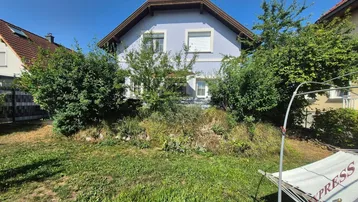 Vorderansicht des Hauses mit einem ungepflegten Gartenbereich und blauer Fassade unter klarem Himmel.