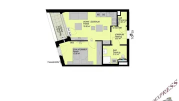 Grundrissplan einer modernen Wohnung mit offenem Wohn-Essbereich, Schlafzimmer und Loggia.