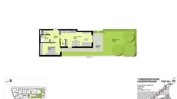 Detaillierter Grundriss einer Wohnung mit Schlafzimmer, Wohn-Essbereich, Terrasse und Garten.