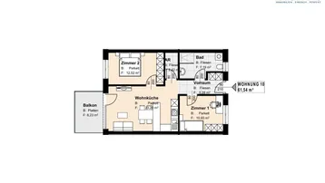 Grundriss der Wohnung 10 mit offener Wohnküche, zwei Zimmern, Bad, Abstellraum und Balkon.
