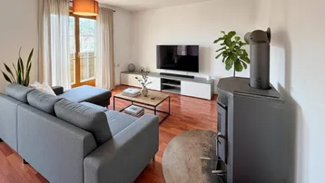 Helles Wohnzimmer mit Holzboden, gemütlichem Sofa und einem modernen Kaminofen.