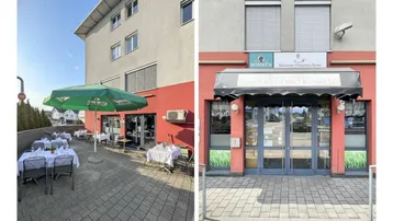 Außenansicht des Restaurants mit einladender Terrasse und Sonnenschirmen, bereit für Gäste.