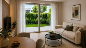 Helles Wohnzimmer mit großen Fenstern, die einen direkten Zugang zum Garten und eine grüne Aussicht bieten.