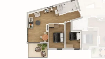 Grundriss einer modernen Wohnung mit offenem Wohnbereich, zwei Schlafzimmern und Balkon.