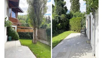 Gepflasterte Terrasse mit Rasenfläche und üppiger Bepflanzung im Außenbereich des Hauses.