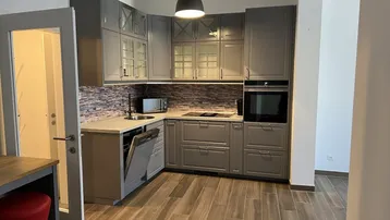 Moderne Küche mit grauen Schränken, Granitarbeitsplatte und integrierten Geräten.