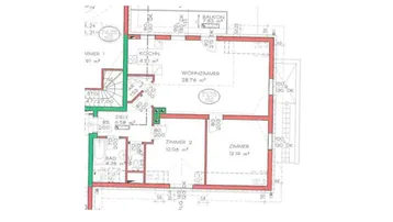 Grundriss einer Wohnung mit Wohnzimmer, Küche, zwei Schlafzimmern, Bad, WC und Balkon.