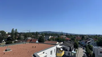 Weitläufiger Blick über die Stadt und die umliegende Landschaft mit Bergen im Hintergrund.