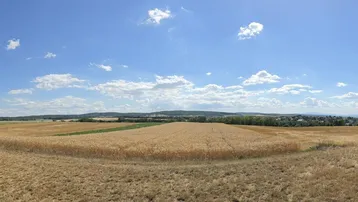 Weitläufiger Blick über goldene Felder und sanfte Hügel unter blauem Himmel mit einem Dorf am Horizont.