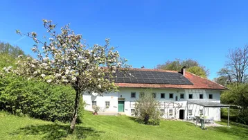 Historisches Bauernhaus mit weißer Fassade, roten Dachziegeln und Photovoltaikanlage auf dem Dach.