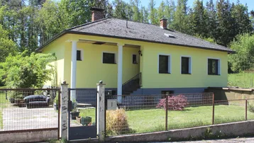 Gelbes Einfamilienhaus mit Satteldach, umgeben von viel Grün und Bäumen.