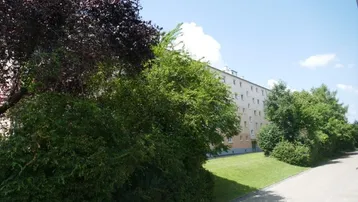 Ansicht eines Mehrfamilienhauses umgeben von üppigem Grün und Bäumen unter blauem Himmel.