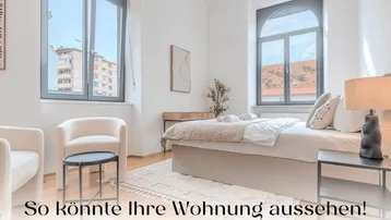Helles Schlafzimmer mit großen Fenstern, modernem Bett und bequemen Sesseln, bietet viel Tageslicht.