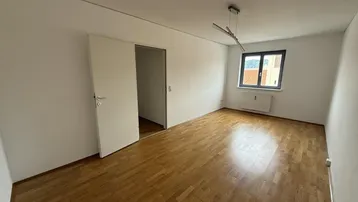 Helles Wohnzimmer mit Parkettboden und Fenster, das einen Blick auf die Berge bietet.
