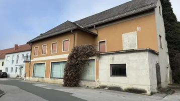 Fassade eines älteren Gebäudes mit Putzschäden und Bewuchs an der Wand, an einer Straße gelegen.