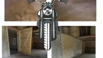 Collage von vier Bildern eines unfertigen Lagerraums mit Betonboden und kleinen vergitterten Fenstern.