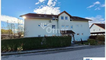 Rückansicht eines Mehrfamilienhauses mit grüner Hecke und Parkplätzen vor dem Gebäude.