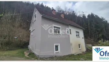Einfamilienhaus mit Satteldach und grauer Fassade in ländlicher Umgebung, umgeben von Bäumen.