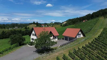 Luftaufnahme eines Hauses mit rotem Ziegeldach, umgeben von Weinbergen und grünen Hügeln unter blauem Himmel.