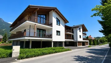 Neubau-Wohnanlage mit moderner Architektur und Balkonen, umgeben von Grünflächen.