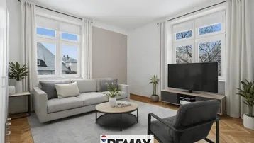 Helles Wohnzimmer mit modernem Sofa, Fernseher und Fischgrätparkettboden.