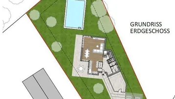 Grundriss des Erdgeschosses mit offenem Wohnbereich, Terrasse und Pool im Garten.