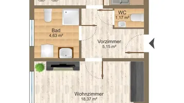 Grundriss einer Wohnung mit offener Wohnküche, separatem Wohnzimmer, Bad und Gäste-WC sowie Balkonzugang.