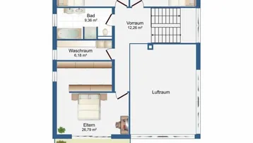 Grundriss des Obergeschosses mit drei Schlafzimmern, zwei Balkonen und einem Badezimmer.