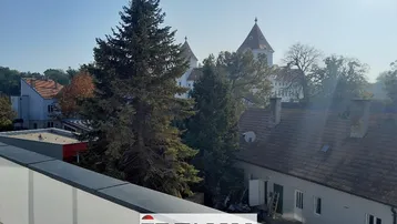 Blick über Dächer und Bäume auf historische Gebäude in der Ferne unter blauem Himmel.