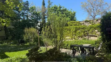 Sonniger Gartenbereich mit üppigem Grün und einer kleinen Sitzecke im Freien.