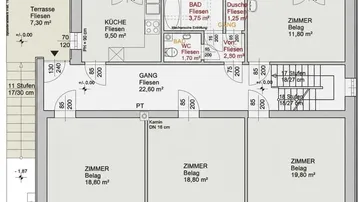 Grundriss des Erdgeschosses mit Küche, Bad, WC, Flur und mehreren Zimmern, inklusive Terrasse und Balkon.