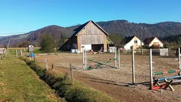 Blick auf ein ländliches Anwesen mit Reitplatz und Stallungen vor einer bewaldeten Hügellandschaft.