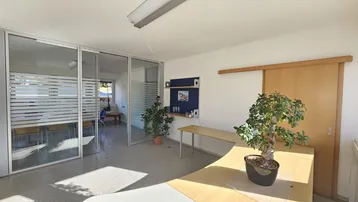 Helles Büro mit Glaswänden, Schiebetür und einem Bonsai auf dem Schreibtisch, gut beleuchtet durch Tageslicht.