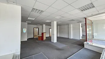 Großes, leeres Büro mit Teppichboden, abgehängter Decke und Säulen, bereit zur individuellen Gestaltung.