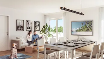 Heller, offener Wohn-Essbereich mit Holzboden, modernen Möbeln und Zugang zum Balkon.