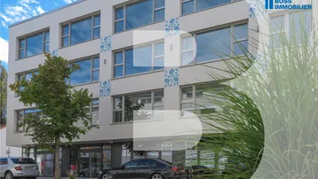 Modernes Geschäftsgebäude mit großen Fenstern und klarer Architektur, umgeben von Grünflächen und Parkplätzen.