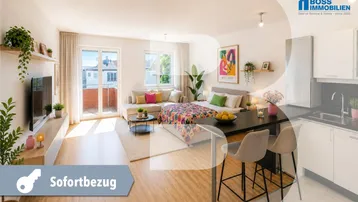 Helles Studio-Apartment mit integriertem Wohn-, Schlaf- und Küchenbereich sowie Zugang zum Balkon.