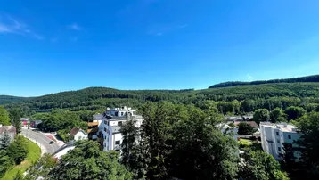 Panoramablick über bewaldete Hügel und Wohngebäude unter einem klaren blauen Himmel.