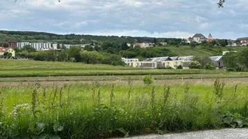 Weitläufige Landschaft mit Feldern, Wiesen und Blick auf die umliegende Bebauung und neue Häuser.