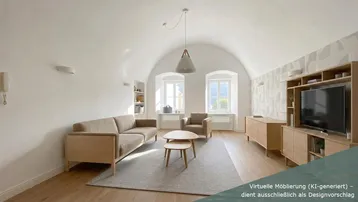 Virtuell möbliertes Wohnzimmer mit beeindruckender Gewölbedecke, hellen Wänden und modernen Möbeln.