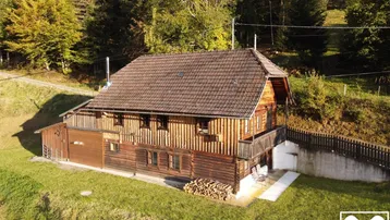 Traditionelles Holzhaus in ländlicher Umgebung mit Satteldach und umgebender Natur.