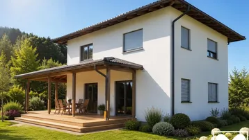 Modernes Einfamilienhaus mit großer überdachter Holzterrasse und gepflegtem Garten unter strahlendem Sonnenschein.
