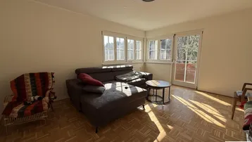 Gemütliches Wohnzimmer mit hellem Parkettboden, bequemer Couch und großen Fenstern für viel Tageslicht.
