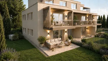Moderne Wohnanlage mit mehreren Terrassen, Balkonen und gepflegtem Gartenbereich in sonniger Lage.