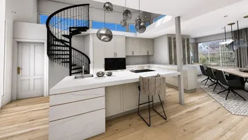 Moderne offene Küche mit Kochinsel, Essbereich und eleganter Wendeltreppe in einem lichtdurchfluteten Raum.