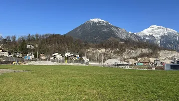 Weitläufiges grünes Feld mit schneebedeckten Bergen im Hintergrund unter klarem blauem Himmel.