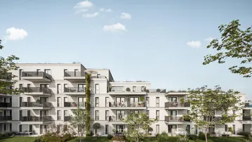 Moderne Wohnanlage mit zahlreichen Balkonen und begrünten Außenbereichen.